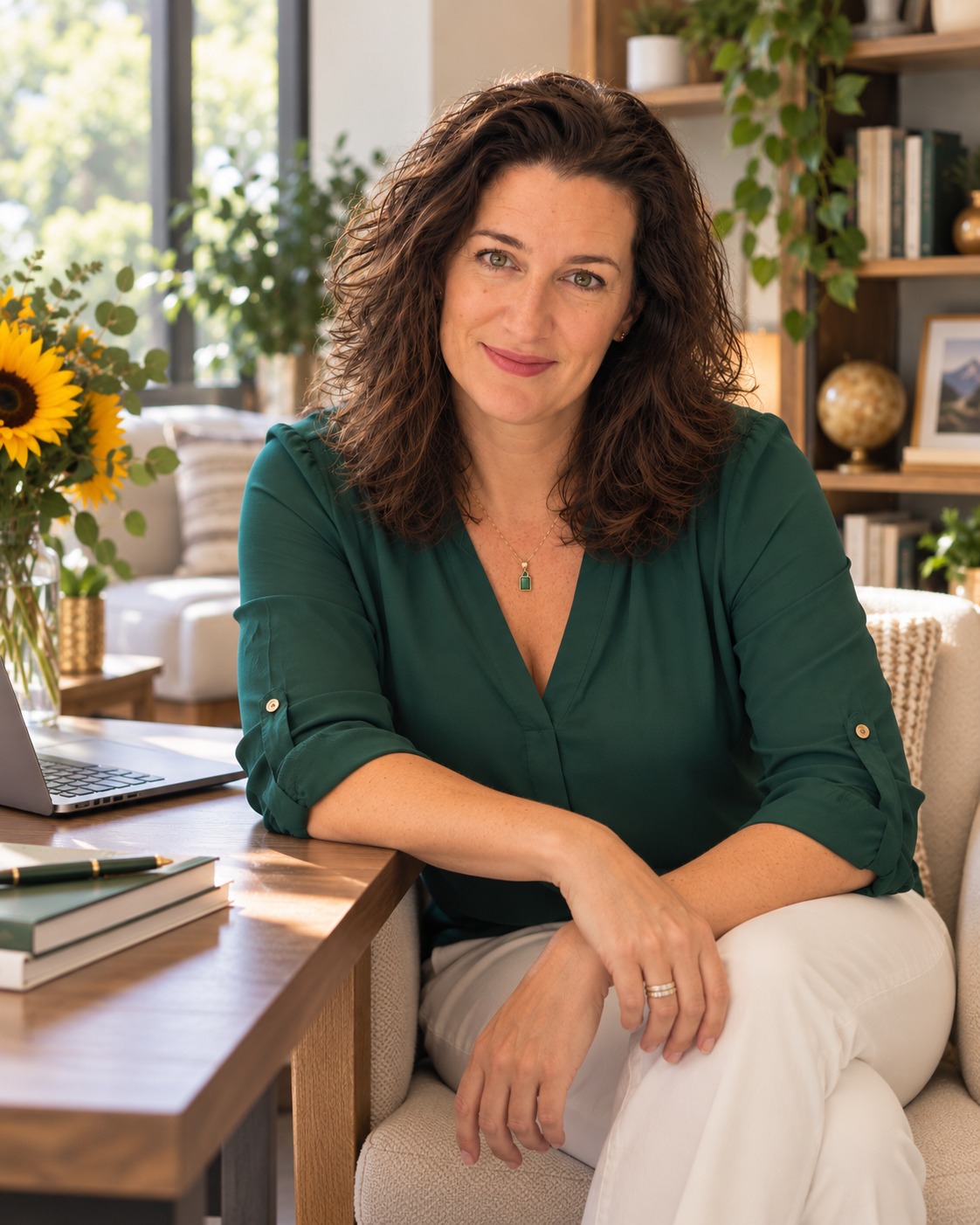 Jessica Gaffney seated in a warm office, wearing a green blouse