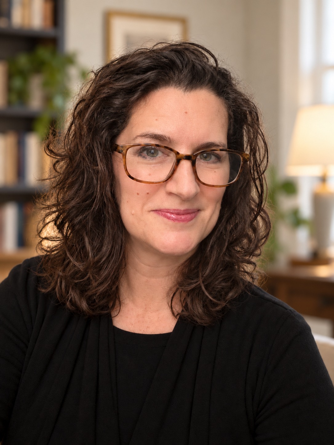 Jessica Gaffney wearing tortoiseshell glasses in a warm study